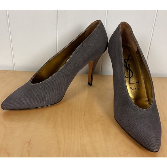 NIB Vintage Yves Saint Laurent Gray Grograin Heels Size 7 Comes with Box - Picture 2 of 7